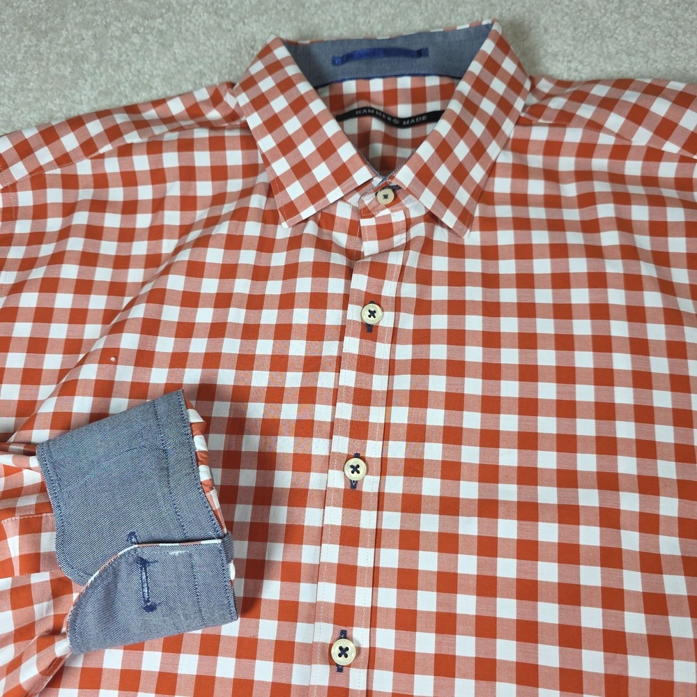Hammer Made Shirt Mens 42/16.5 Orange White Gingham Check Flip Cuff Button Up